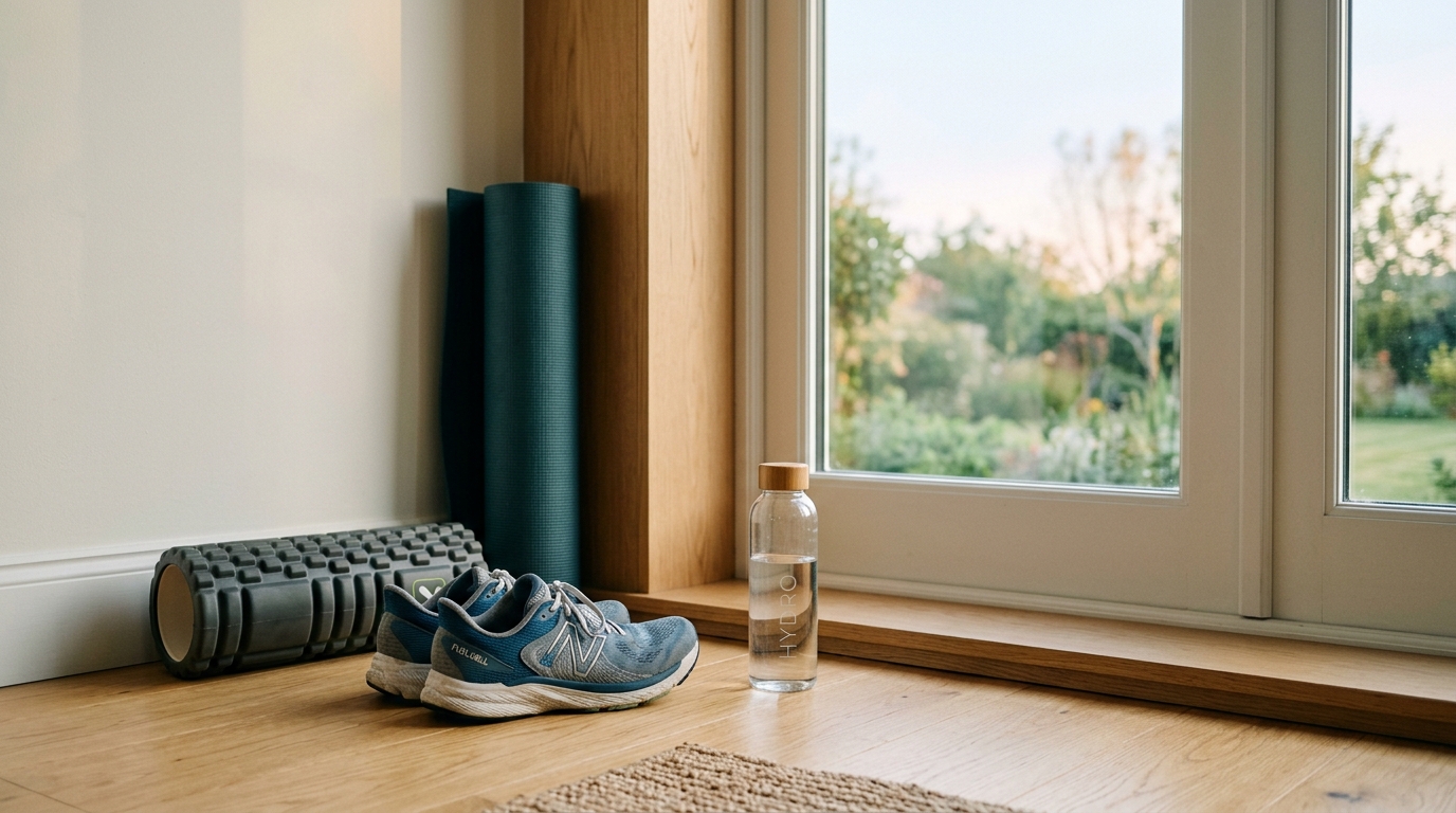 Yoga-Matte, Schaumstoffrolle und Sportschuhe auf hellem Boden